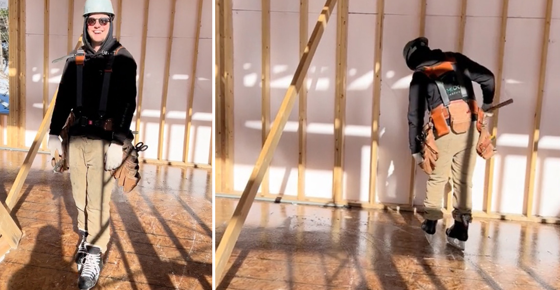 Un gars de construction heureux de travailler en patin sur un chantier au Québec